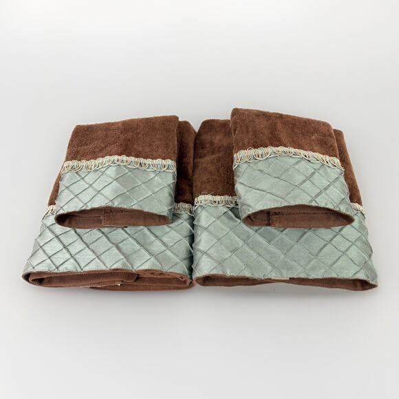 Sherry Kline Brown Bathroom Towel Set Pleated Green Diamonds 4 Pcs - Picture 2 of 5